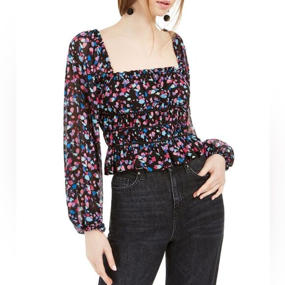 LeyDen Long Sleeve Off the Shoulder Ruffle Shirred Crop Top in Kaleidscope - Picture 2 of 11